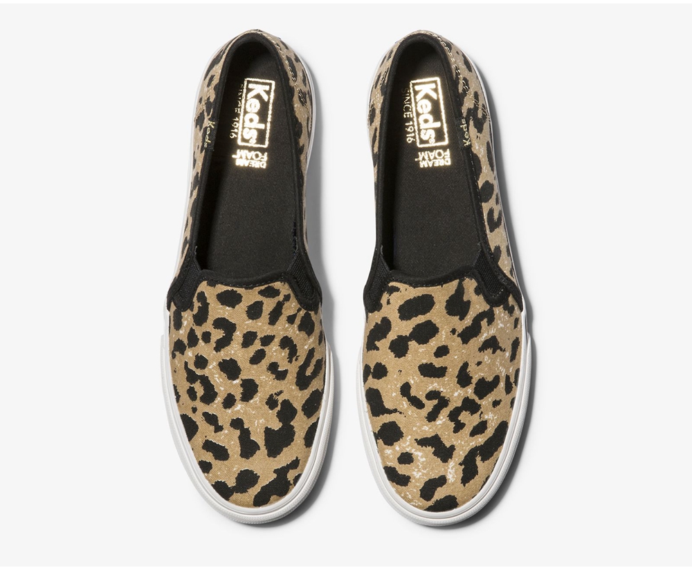 Keds Slip Ons Brown - Double Decker Leopard - Womens JWOVZB-652